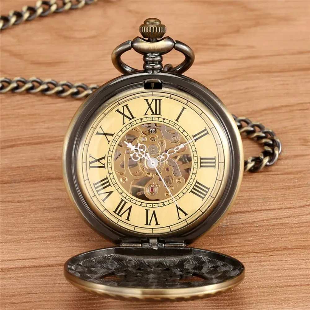 Classic Unisex Mechanical Hand Winding Pocket Watch Roman Number Skeleton Timepiece Fob Chain Collectable Clock