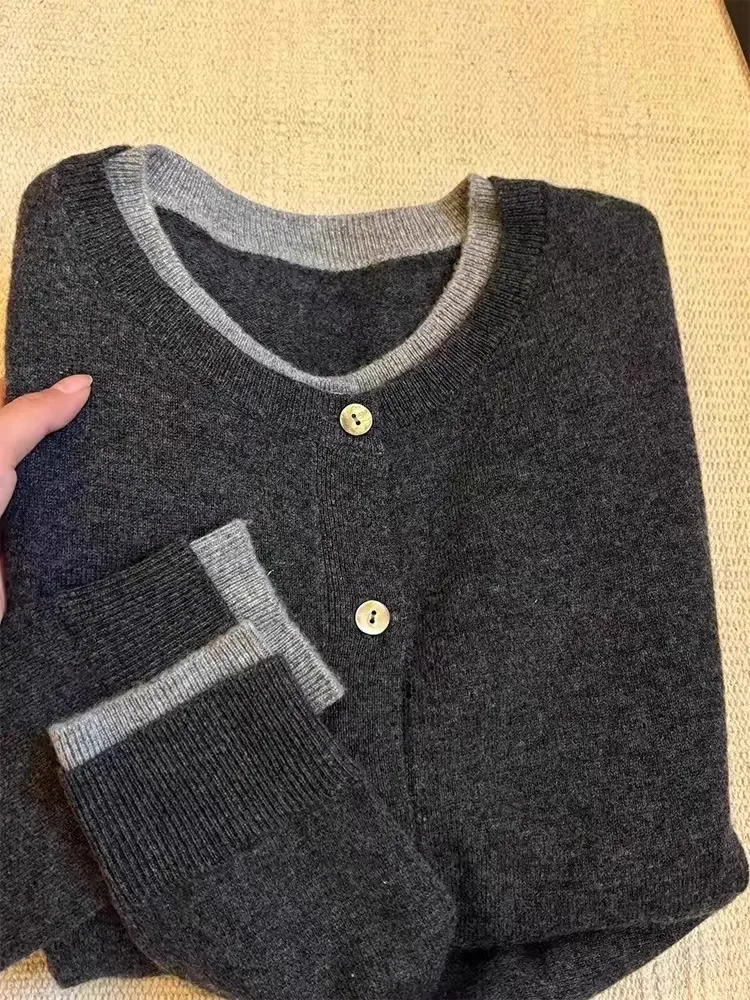 Fake Two 100% Pure Cashmere Sweater Cardigan Dark Grey High-grade Wool Knit Coat Top Women V Neck Button Front Loose Soft Knitte 2