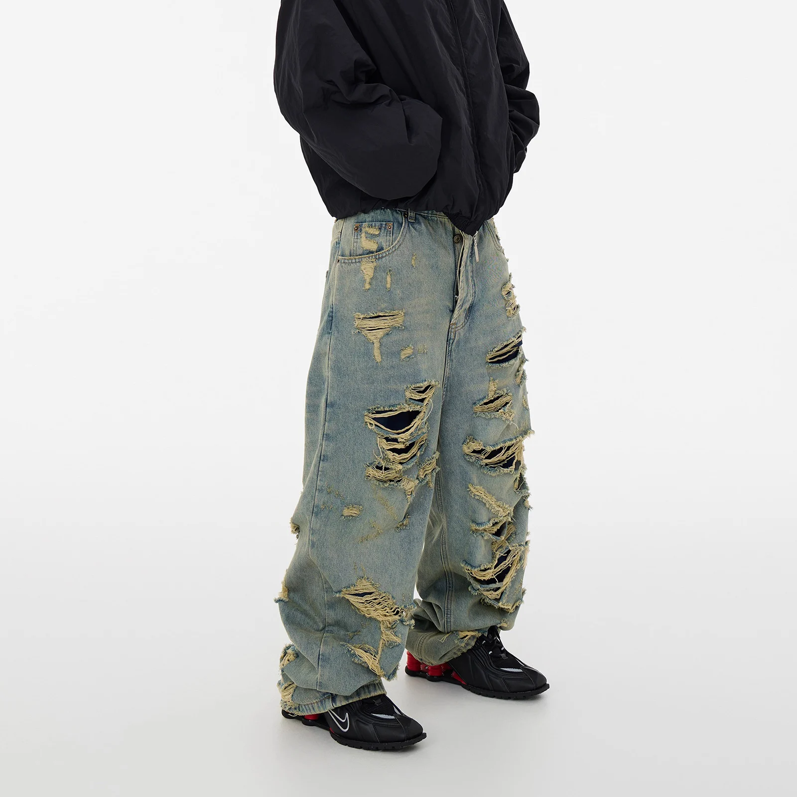 스트릿웨어 힙합 블루 데미지 디스트레스드 스트레이트 레그 진 남성용 디스트로이드 찢어진 고양이 수염 배기 진 팬츠 Y2k