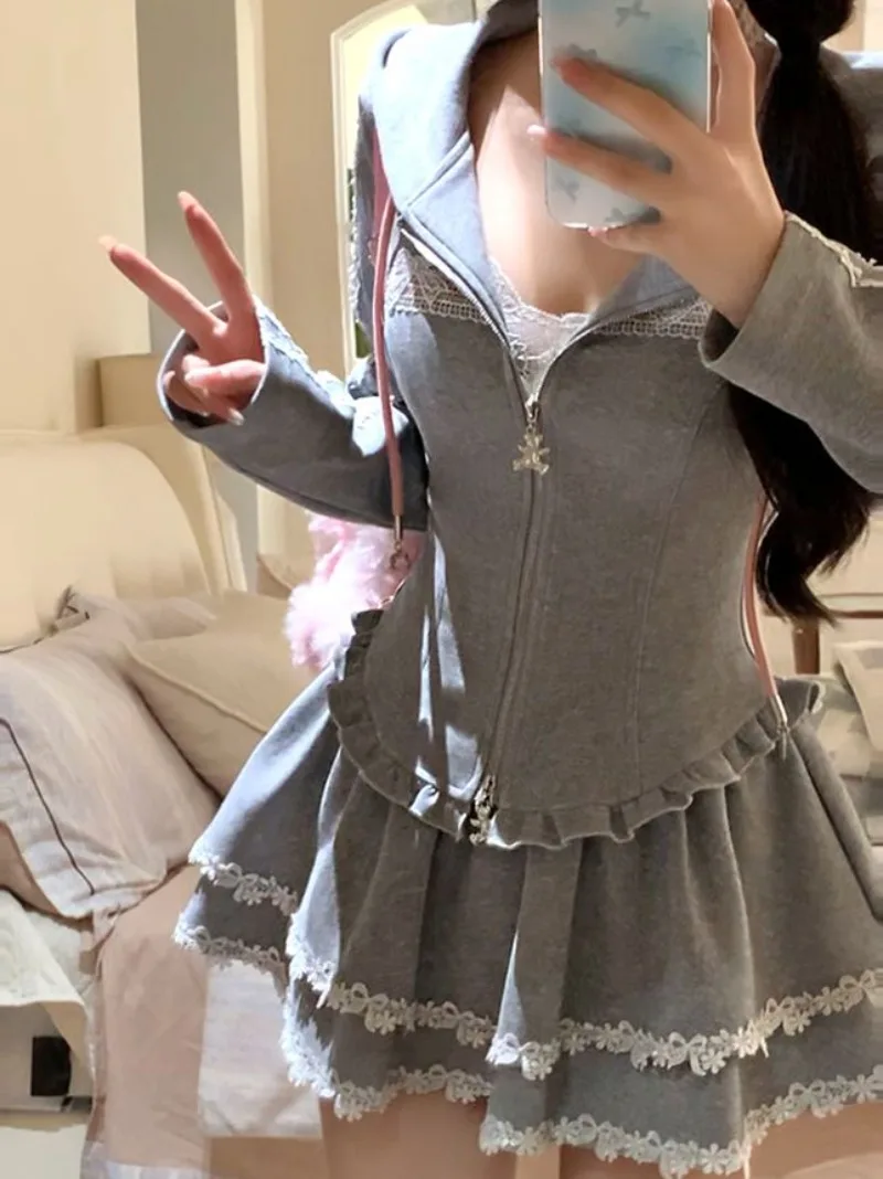 New Pure Desire Wind Sweet Pink Cardigan Women Slim Fall Winter Fashion Hooded Sweater Half-body Skirt Kawaii Two-piece Suit