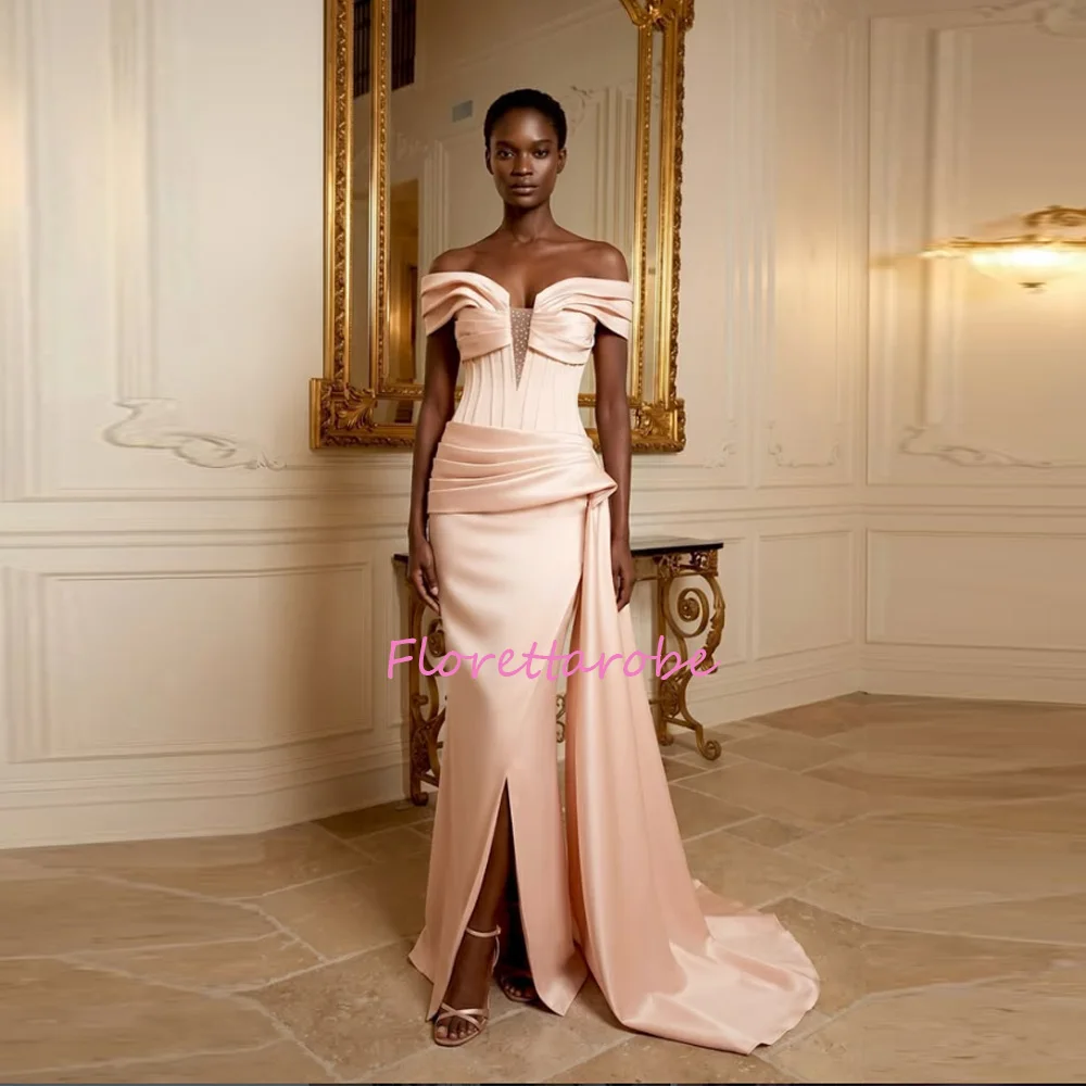 Customized Matching Pastrol Pleat Draped Beading Prom Gowns Straight Off-the-shoulder Long Evening Dresses