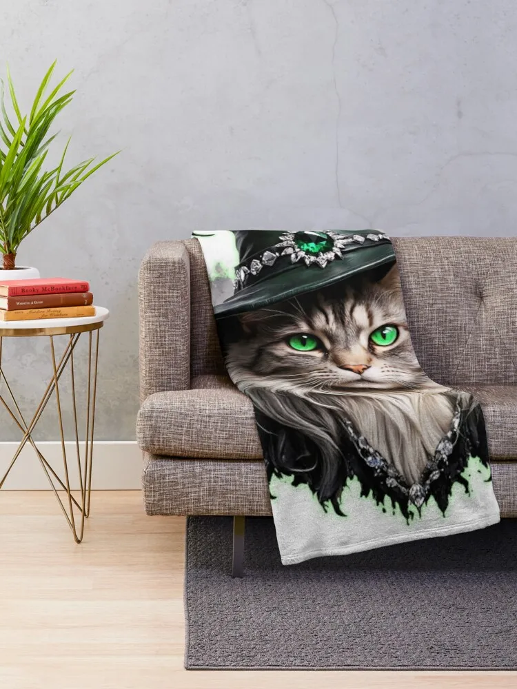 A gray Maine Coon cat with light green eyes wearing a hat with an emerald Throw Blanket wednesday anime Hairys Blankets