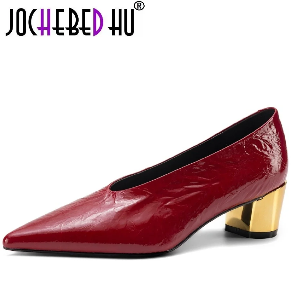 

【JOCHEBED HU】Sexy Handmade Genuine Leather New Designer Vintage Evening Shoes Ladies Pointed Toe V Cut Woman Shoes Mid Heel