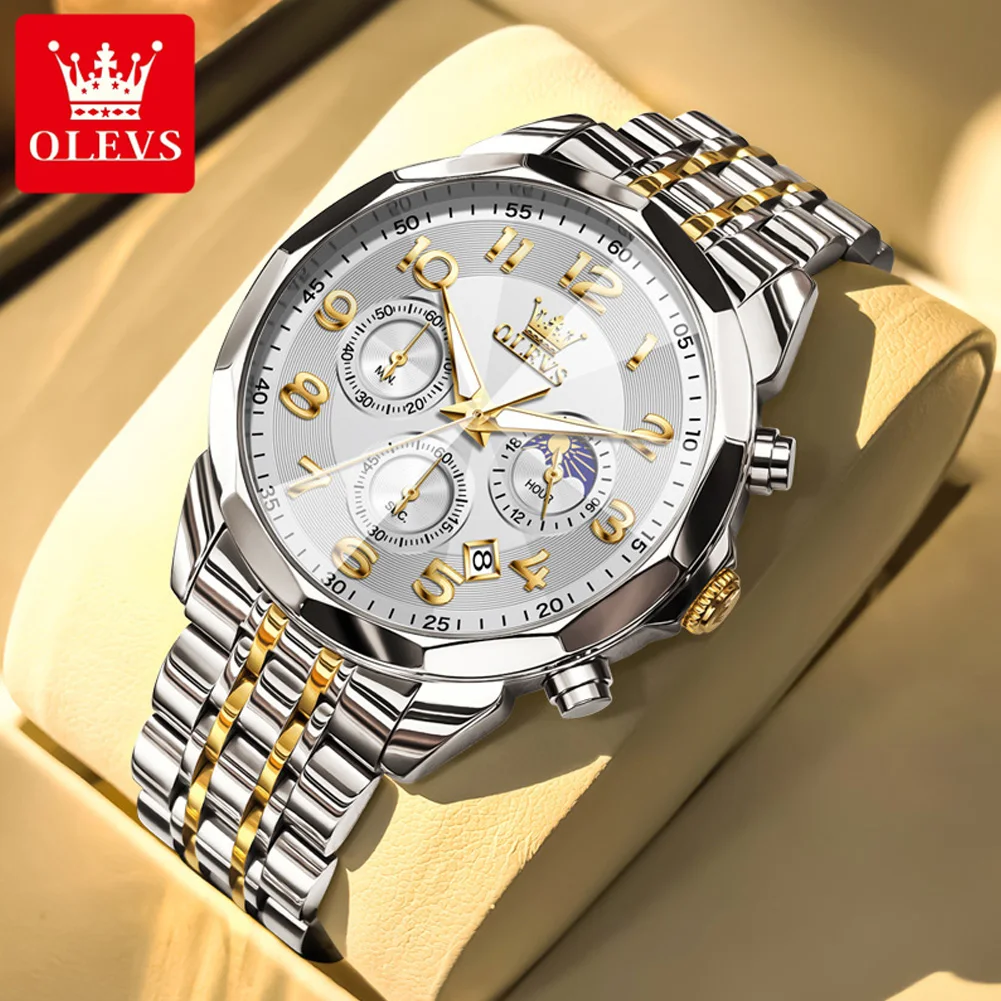 

OLEVS 3676 Luxury Brand Mens Watch Business Moon Phase Waterproof Auto Date Sport Chronograph Quartz Wristwatch For Man