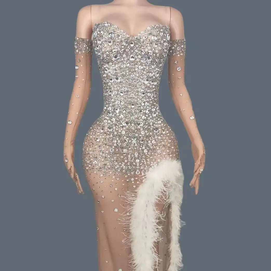 

Luxury Off shoulder Mesh Sparkly Crystals Evening Dress Sexy Women Elegant Couture Gloves Birthday Celebrate Party Gown Haiou