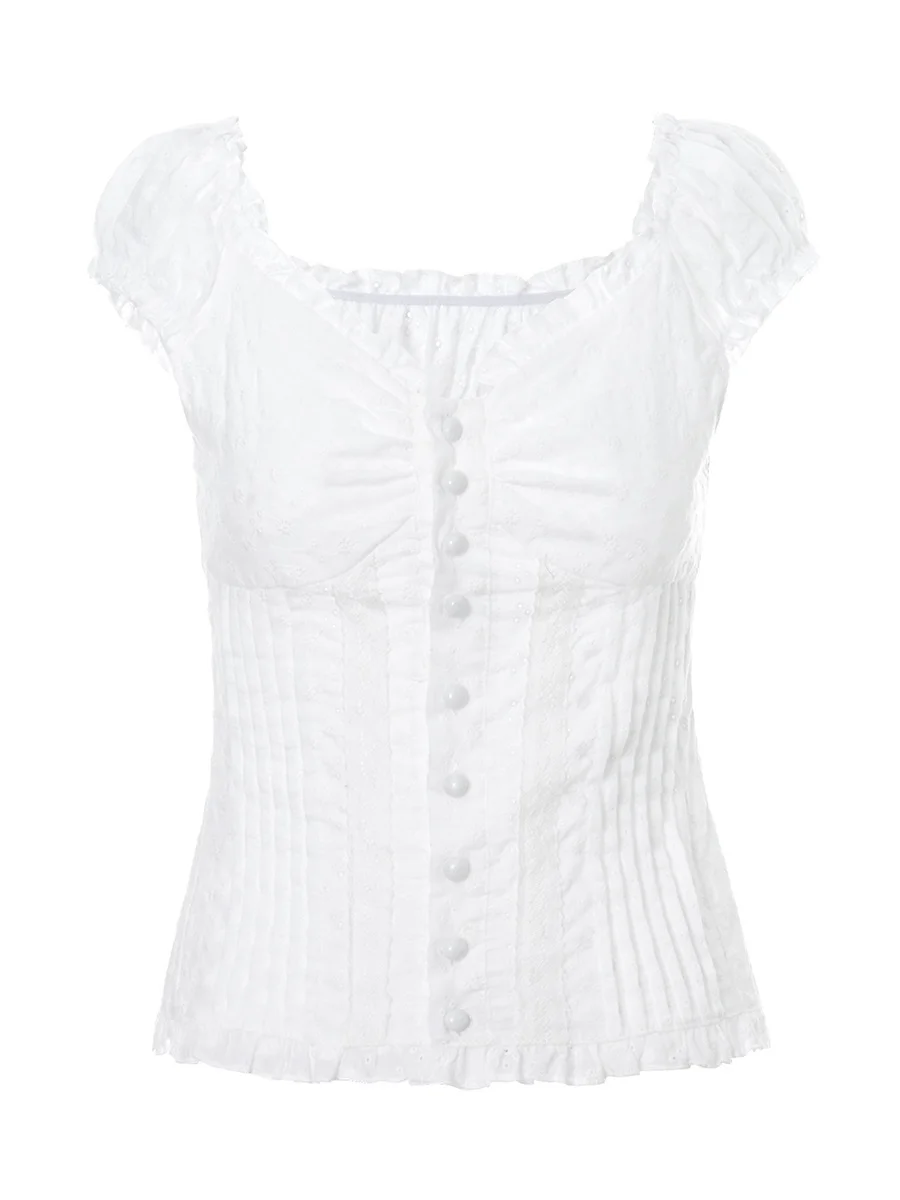 y2k White Crop Top Button Ruffle Trim Tie up Short Sleeve T Shirt Women Fairycore Balletcore Chic Tee Summer Korean 90s Clothes