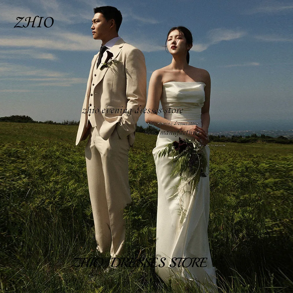 

ZHIO Strapless Satin Mermaid Wedding Dress Elegant Bridal Gown for Outdoor Field Shoot Korean Minimalist Customizable 웨딩드레스