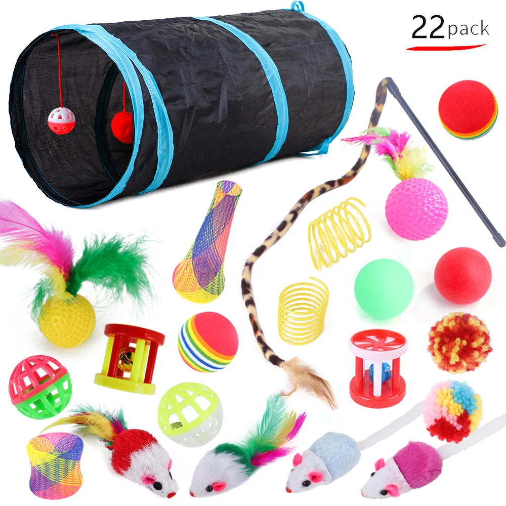 22 Pack Pet Cat Toys Interactive Combination Set Cat Toy Funny Cat Stick Sisal Mouse Bell Ball Tunnel Supplies Kitten Toys