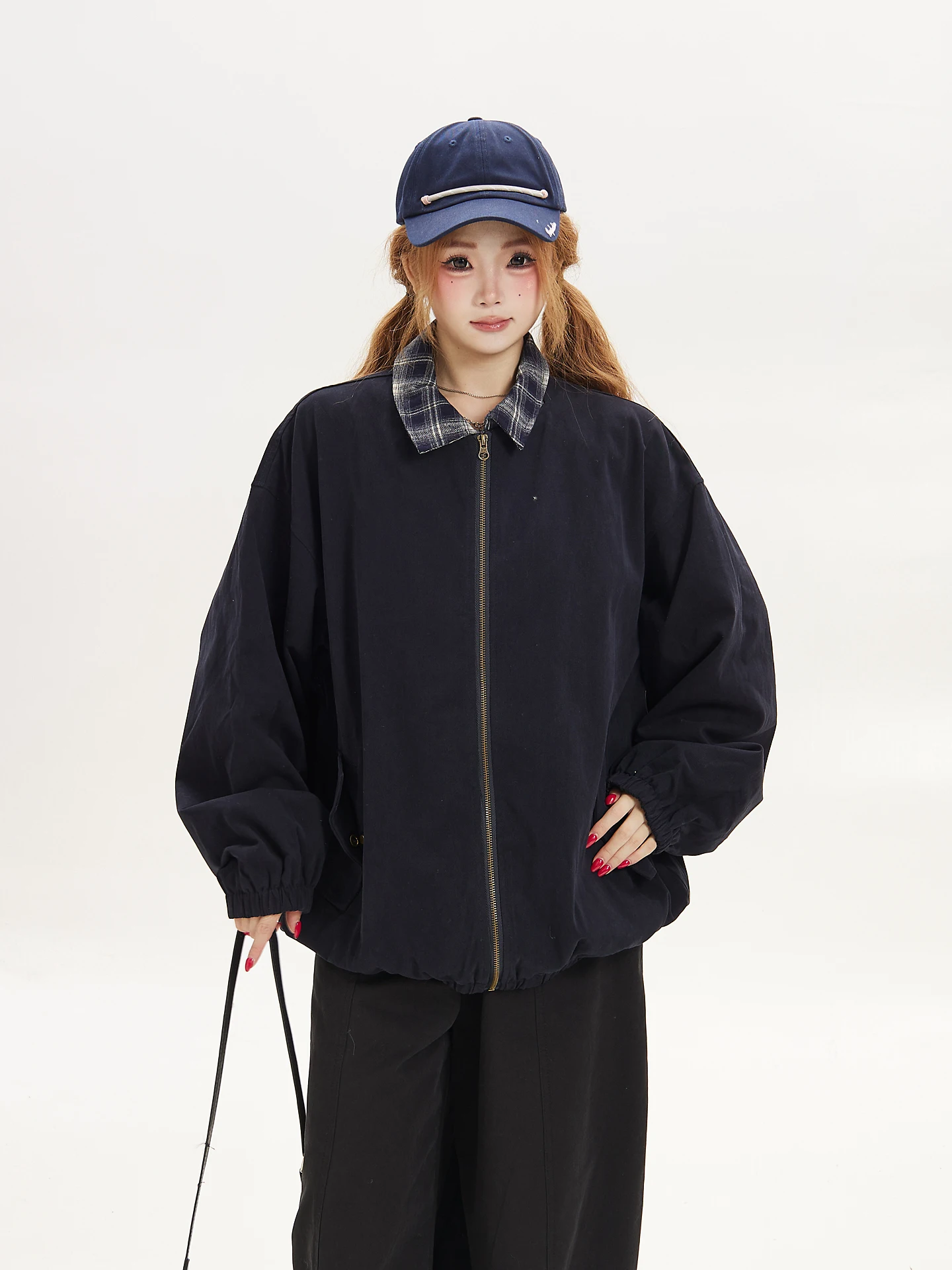 Ant American Retro Plaid Patchwork Collar Jacket Women Loose Oversize Outerwear Trendy Zipper Pocket Warm Straight Cut Coat