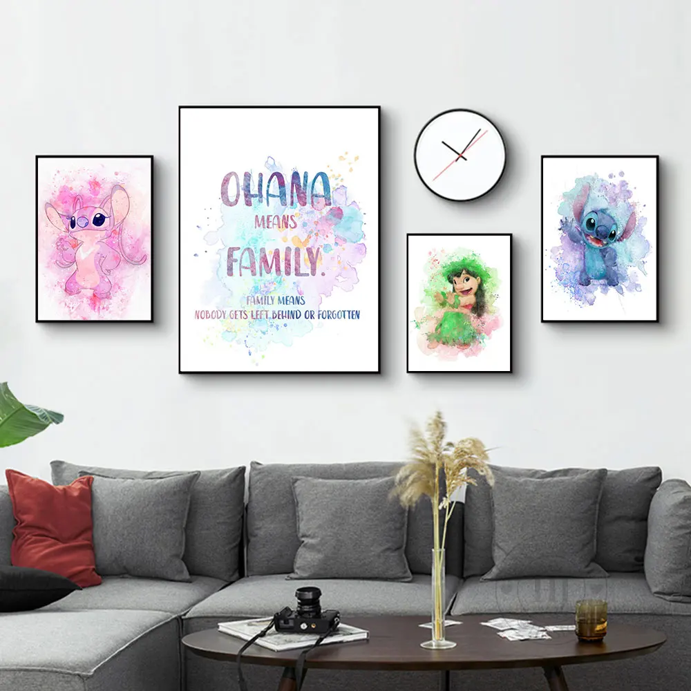 Lilo And Stitch Watercolor Prints Canvas Painting Posters Ohana Means Family Art Picture For Children Room Christmas Gifts Decor