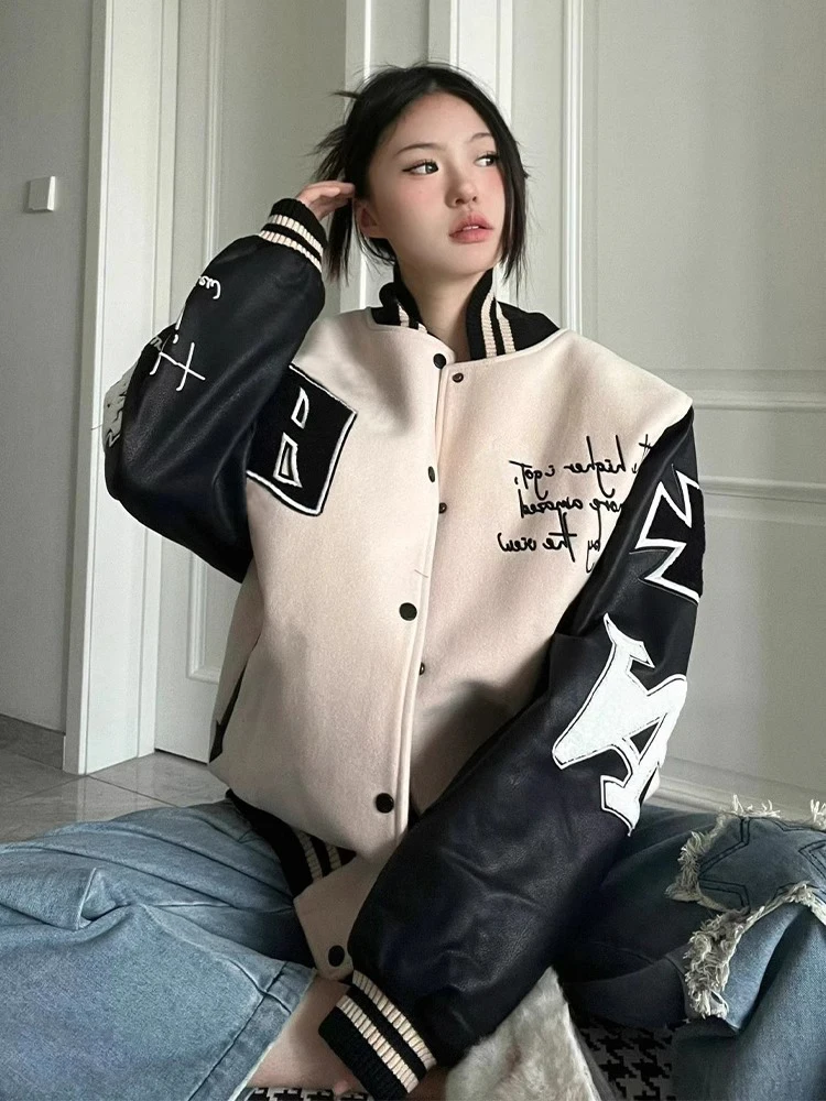 Jaet de Baseball rétro américain pour femmes, automne hiver, en cuir PU, coupe ample, Patchwork, haut Cleanfit, vêtements d'extérieur pour Couples