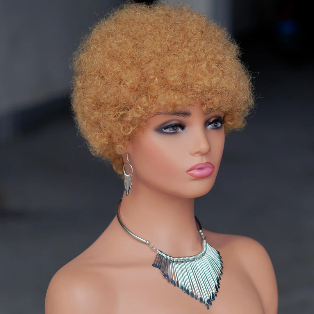 Short Afro Curly Wave Brazilian Human Hair Wigs Afro Puff Kinky Curly Wig For Women Black Brown Red Color Full Machine Wig