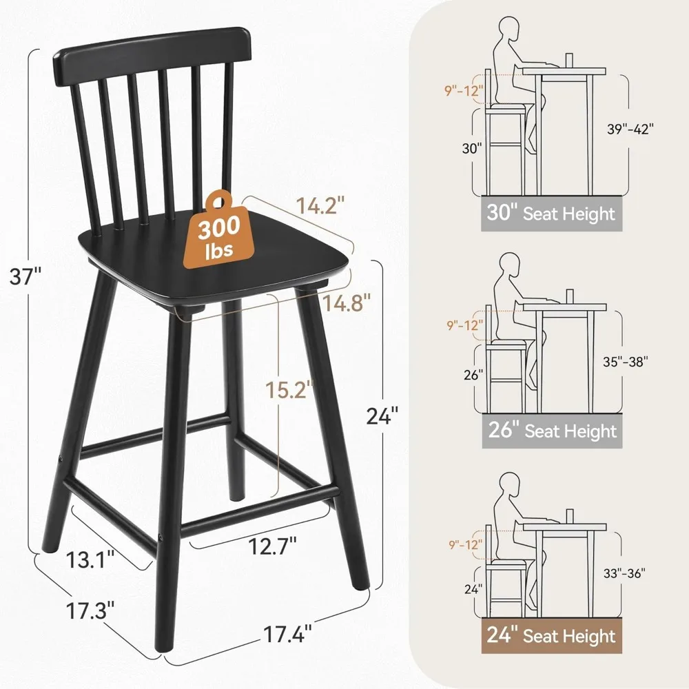 Windsor Wooden Bar Stools Set of 3 for Kitchen Island, Farmhouse 24 Inch Counter Height Stools Chairs with Spindle Back, Black