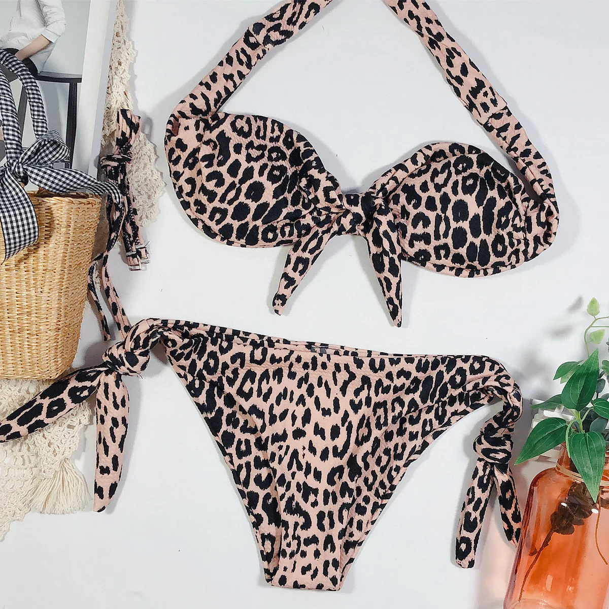 Conjunto de biquíni estampa leopardo para mulheres, maiô push-up, maiô sexy, moda praia de areia