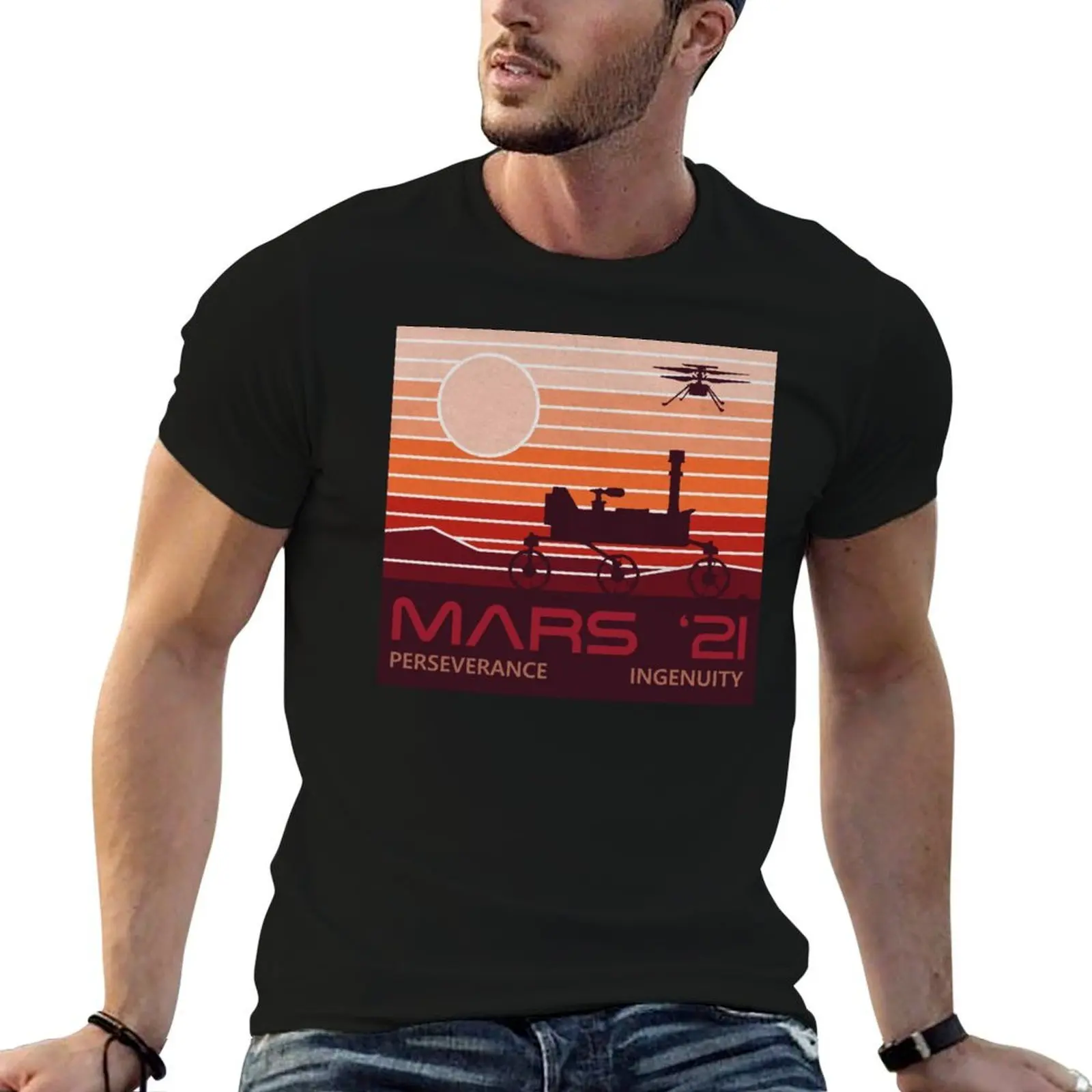 Camiseta de algodón 100% para hombre, camiseta de algodón 100% con diseño del rover Perseverance y del dron Ingenuity, aterrizaje de Marte el 18 de febrero de 2021