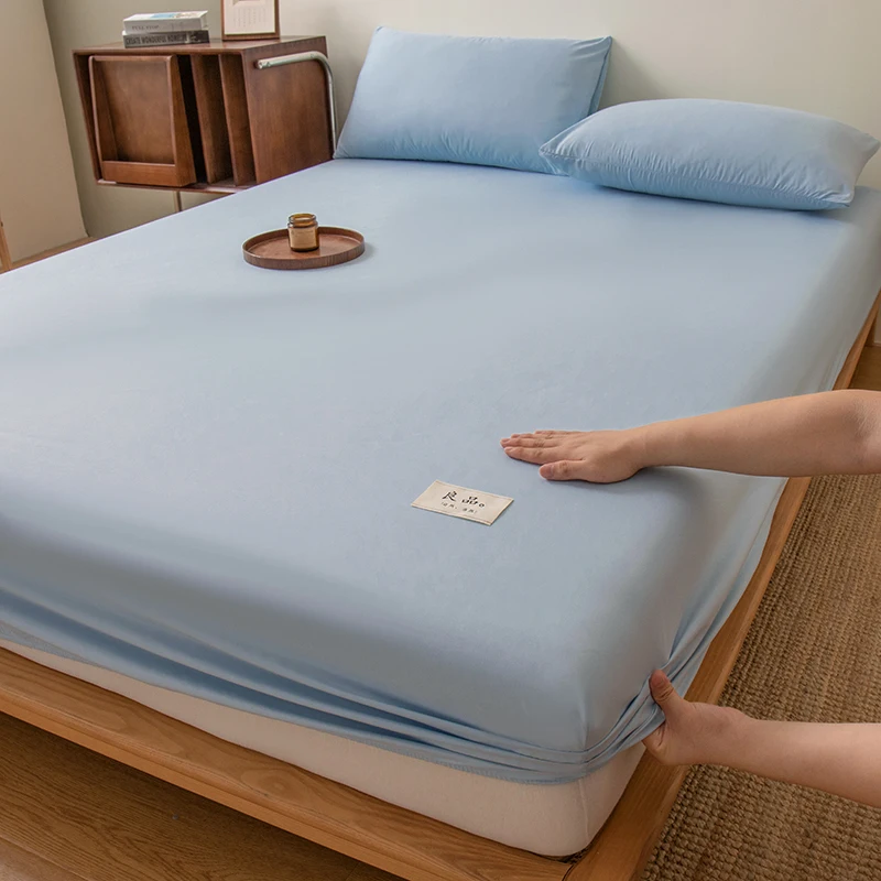 

2025 new waterproof solid color simple skin-friendly washed cotton fitted sheet three-piece mattress protective cover