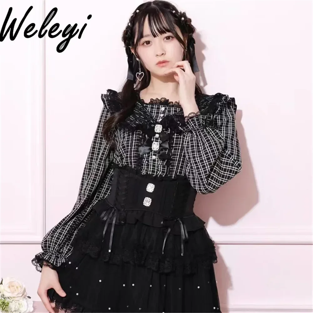 

Japanese Mine Jirai Kei Plaid Shirt for Women 2024 Fall Massed Produced Swee Cute Lace Stitching Bow Long Sleeve Blouse Female