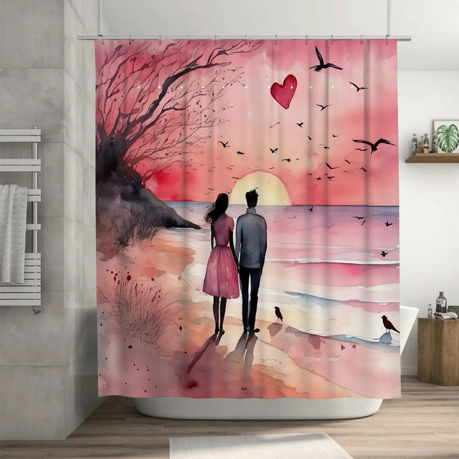 

Пара наблюдений заката на пляже Водонепроницаемая занавеска для душа, художественный дизайн для декора ванной комнаты, улучшает романтическую атмосферу