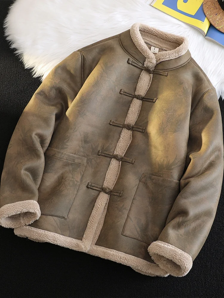 

Мужская замшевая куртка с мехом ягненка, осенне-зимняя, из кожи и меха, теплая хлопковая верхняя одежда с длинными рукавами и воротником-стойкой