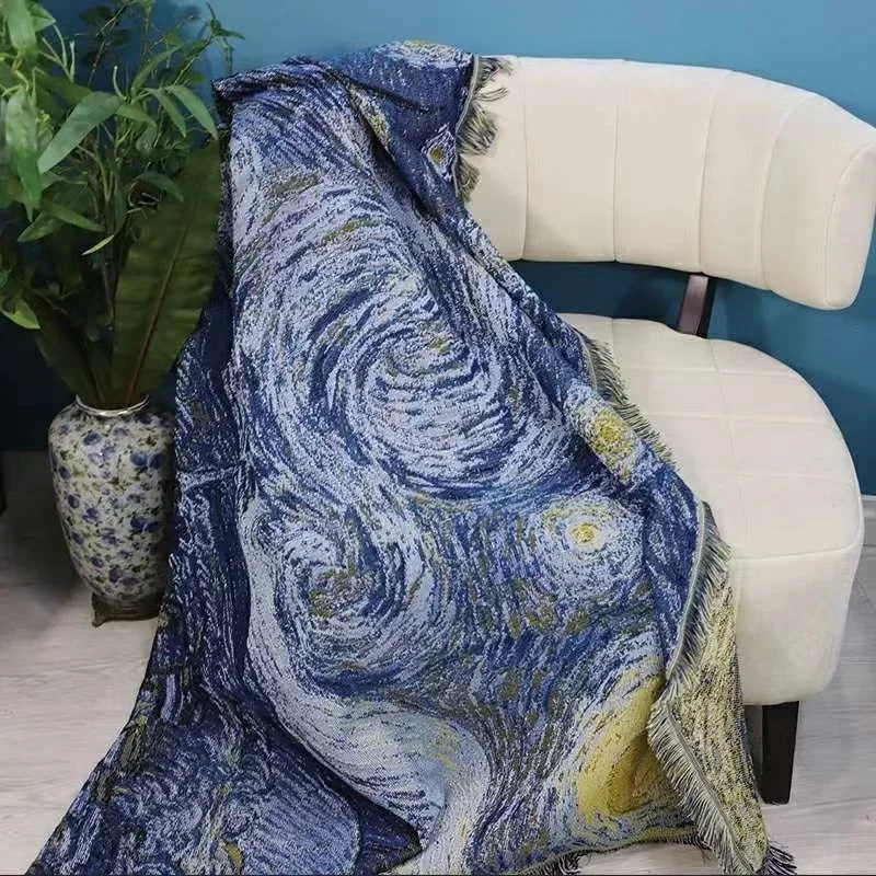 Vintage Van Gogh Oil Painting Blankets for Bed Starry Sky Blanket Tablecloth Sofa Cushion Cover Cotton Linen Yarn Dyed Tapestry