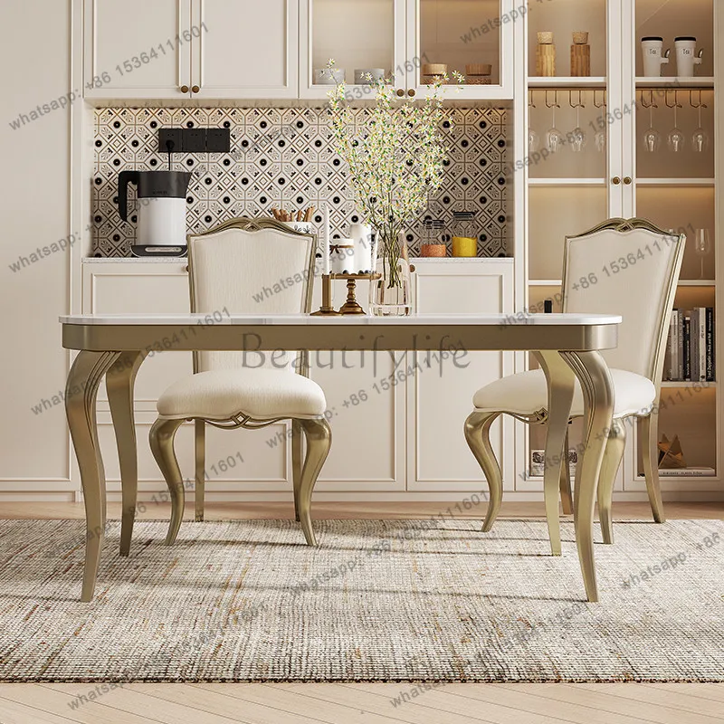 

French dining table chairs light luxury high-end marble solid wood dining table