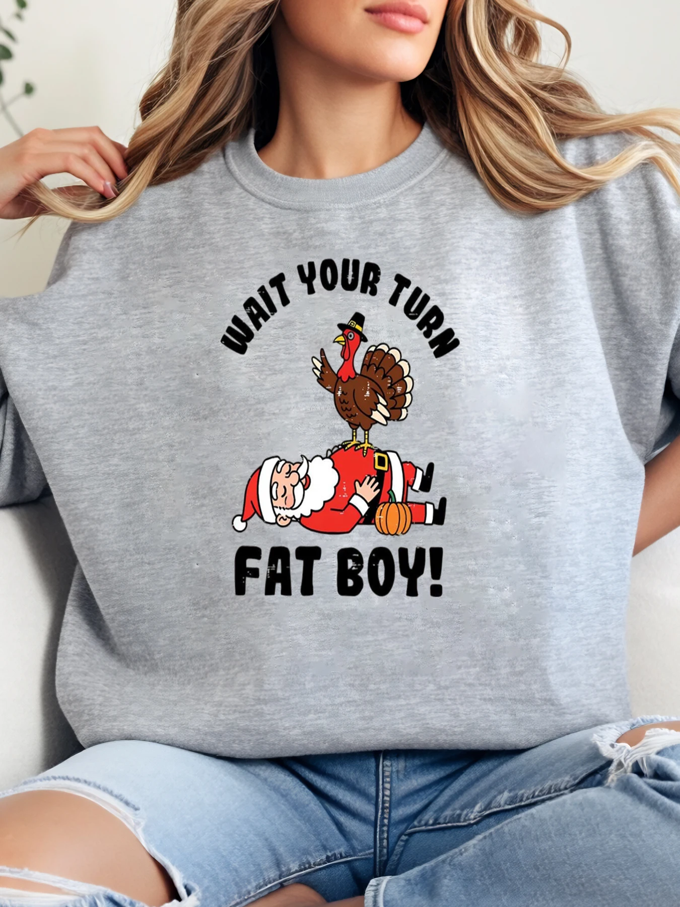 Рождественский свитшот для верховой езды Санта-Клауса, ожидающего толстого мальчика, женская повседневная праздничная одежда, серый, больших размеров