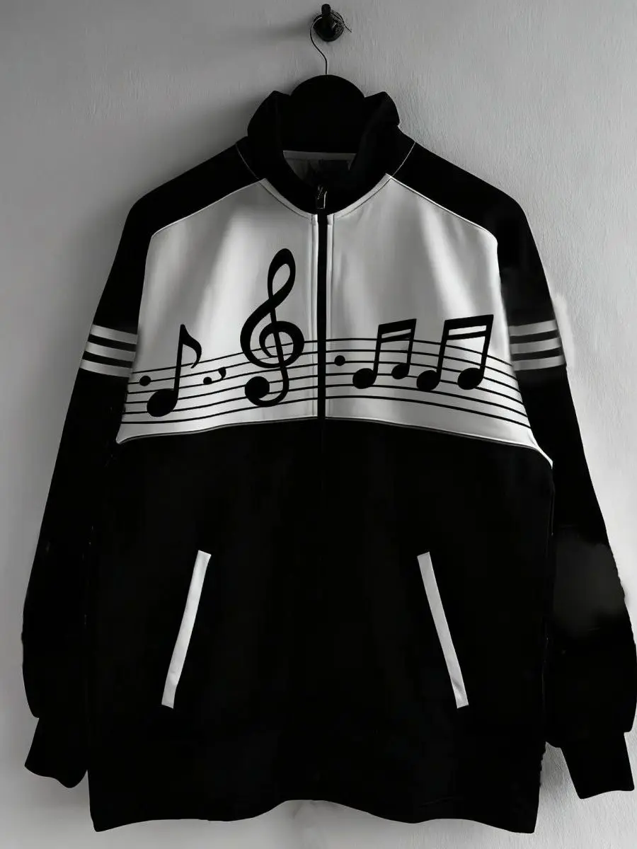 Retro American Punk Rock Music Note Print Black White Contrast Color Hoodie Jacket Street Style Student Unisex Loose Fit Long...