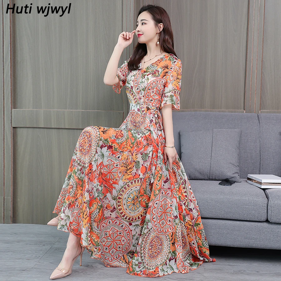 2024 Elegante Bloemen Chiffon Boho Maxi Jurk Zomer Vintage Print Casual Strand Midi Zonnejurk Vrouwen Bodycon Feest Avond Vestidos