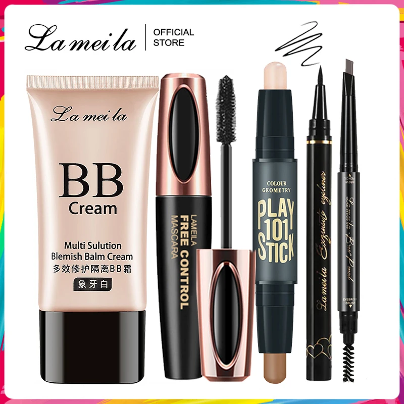 LAMEILA-Maquiagem Set, BB Cream Mascara, Delineador Líquido, Lápis De Sobrancelha, Contour Stick, 5 Pcs Set