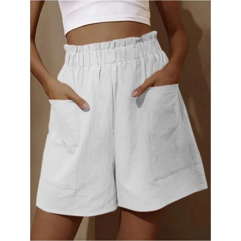 New Women's Shorts Cotton Hemp Blended High Waist Solid Color Casual Pocket Basic Fashion Summer Thin Pants