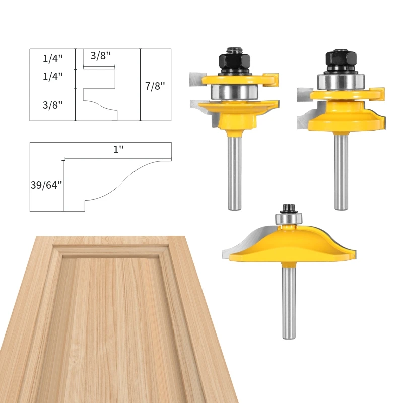 YUSUN 3PCS 1/4 shank Cover 41mm Roman Ogee Stile&Rail Assembles  Router Bit Woodworking Milling Cutter For Wood Tools