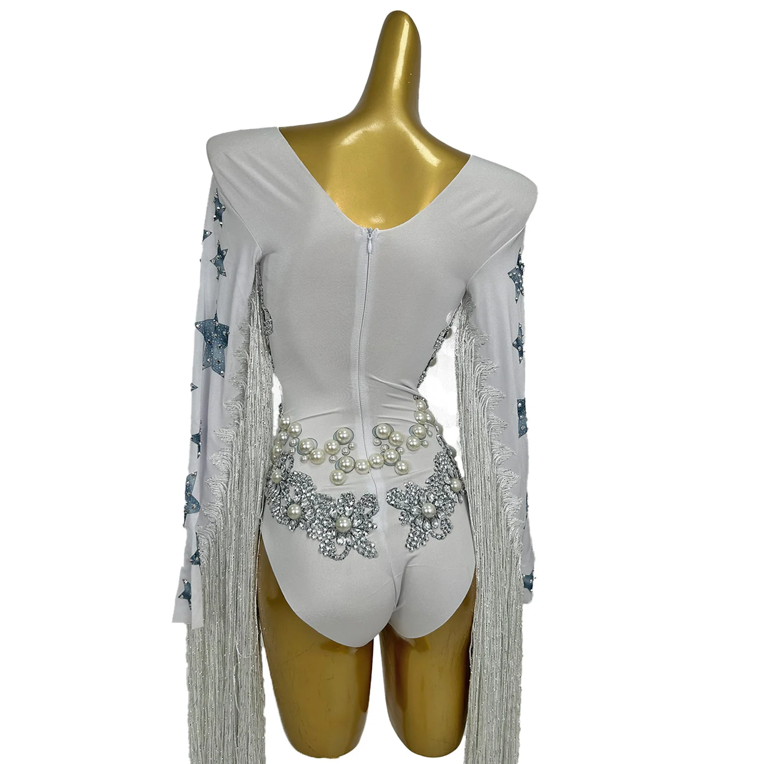 Star Fashion Tassel Long Sleeved Jumpsuit Sparkling Frame Rate Rhinestone Star Jumpsuit Bar Stage Performance Outfit Prom Gowns