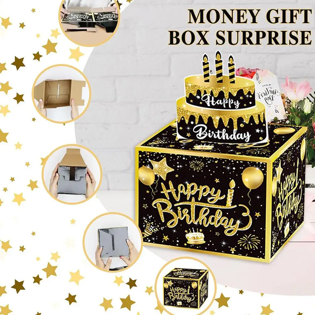 Birthday Money Box For Cash Gift Pull 4-color Options Banknote Roll-up Surprise Box Party Decoration With Cake Card For Friends