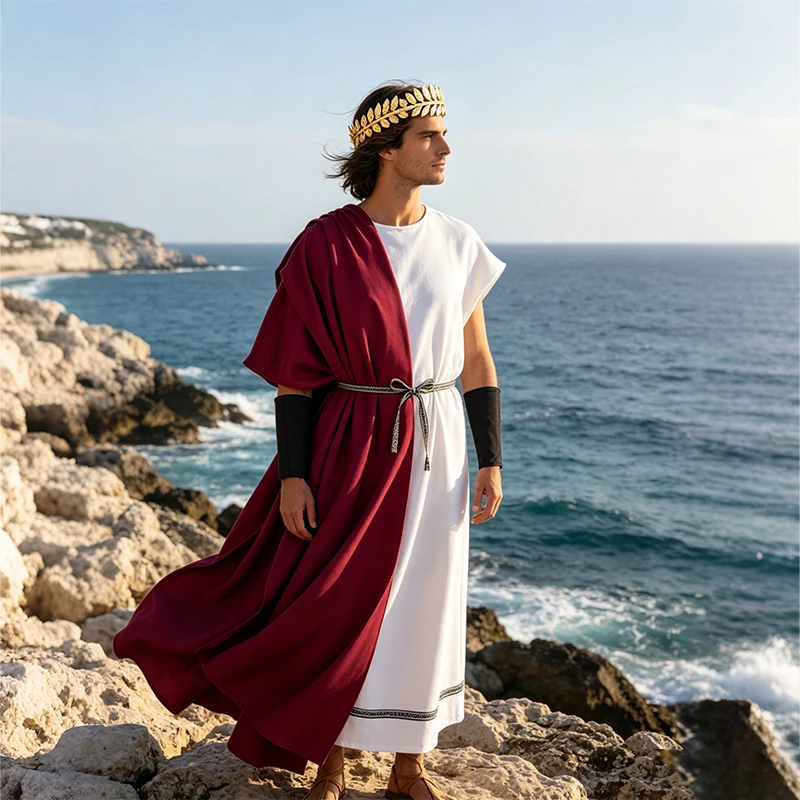 

Men Ancient Roman Toga Costume Set Greek Emperor Robe With Laurel Wreath Headband & Wristbands Halloween Party Cosplay Outfit