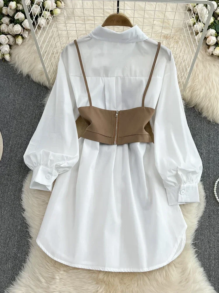 Women Spring Autumn New Vintage Hong Kong Style Temperament Waist Slim White Shirt Dress Two Piece Strap Vest D3094