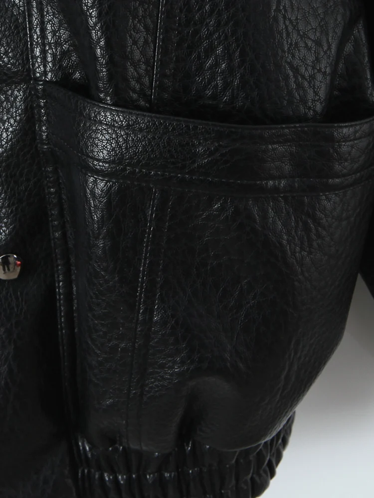 Ailegogo Women Loose Moto Biker Black Faux Leather Jacket Spring Autumn Female Zipper Button Coat Outwear