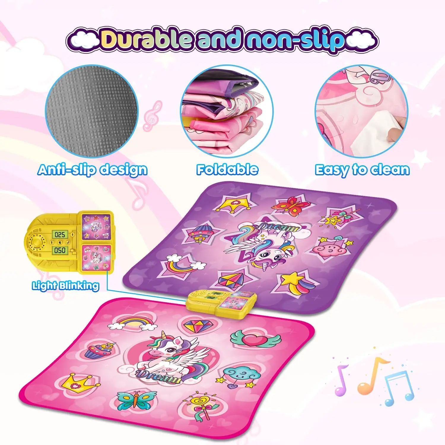 VATOS Unicorn Dance Mat x2 ของเล่นสําหรับหญิง 9 ระดับเกมเต้นรําในร่มกลางแจ้งเล่นเพลง Mat ของขวัญวันเกิดสําหรับเด็กอายุ 3 +