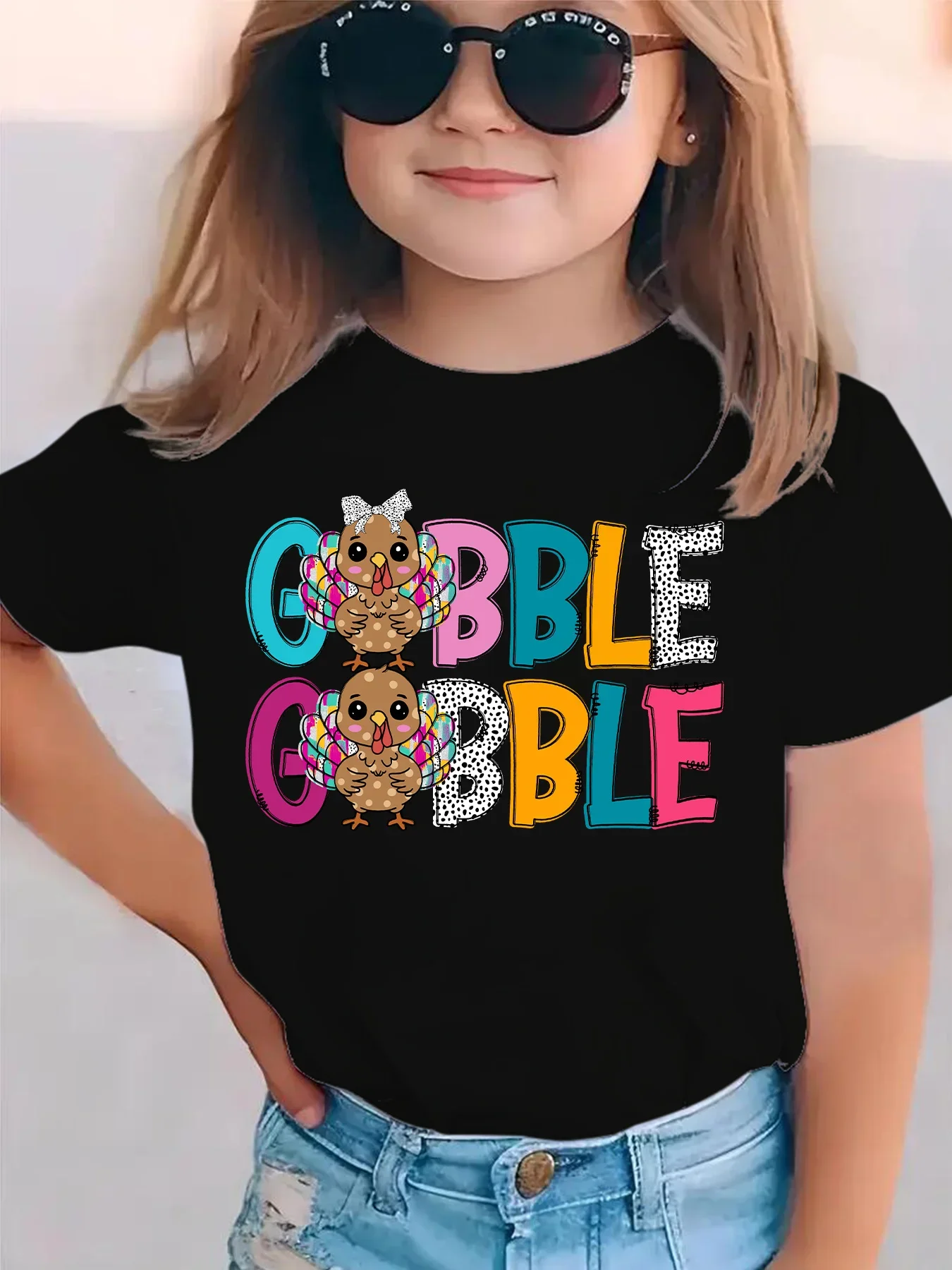 Kids Thanksgiving Turkey Printed T Shirt Gobble Gobble Cute Bow Turkey Graphic Little Girls Fall Daily Wear Top