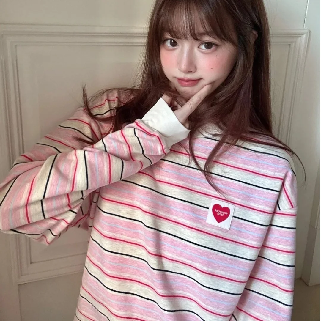 Sweet Pink Striped Long Sleeve round Neck T-Shirt Early Autumn Casual Style Standard Fit Polyester Fiber 100% Women's Fashion