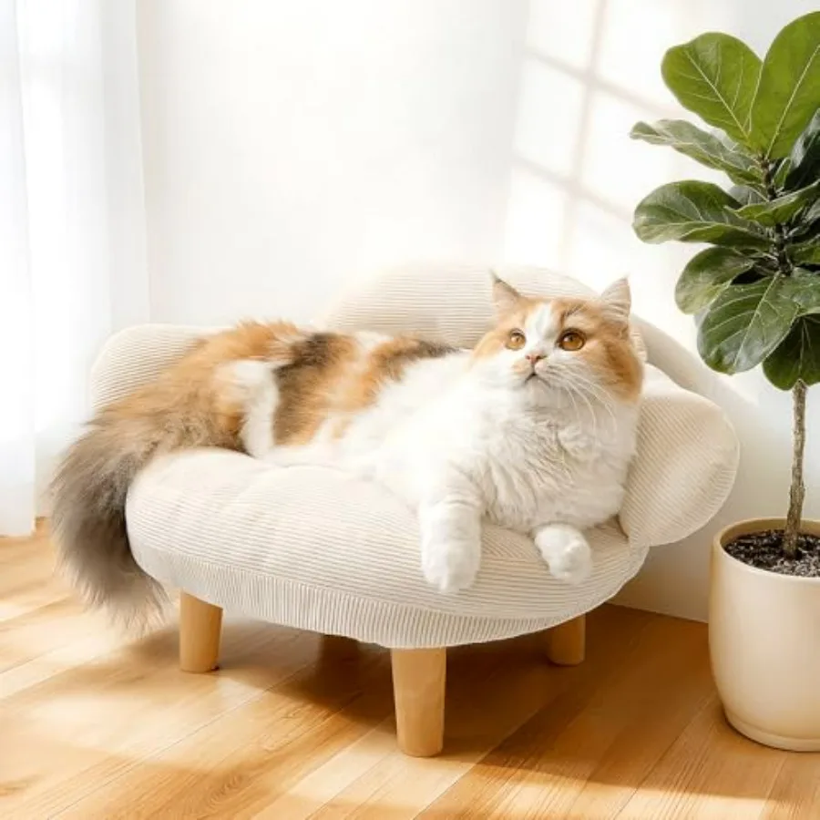 

Cat Sofa Furniture-Style Pet Bed with Removable Cotton Velvet Cover, Solid Pine Wood Legs, for Cats and Small Dogs