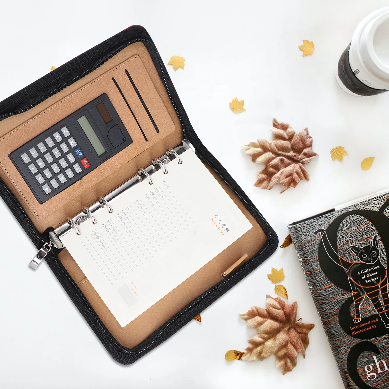 

Deluxe Pu Zipper A6 Notebook 6 Ring Business Organizer Calculator Card Holder File Pocket Pen Loop Travel Office Red