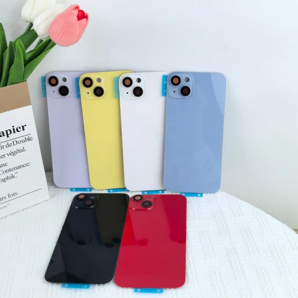 New Back Glass For iPhone 14/14Plus Battery Cover Rear Door Housing Case Replacement Parts With Camera Lens Metal Plate