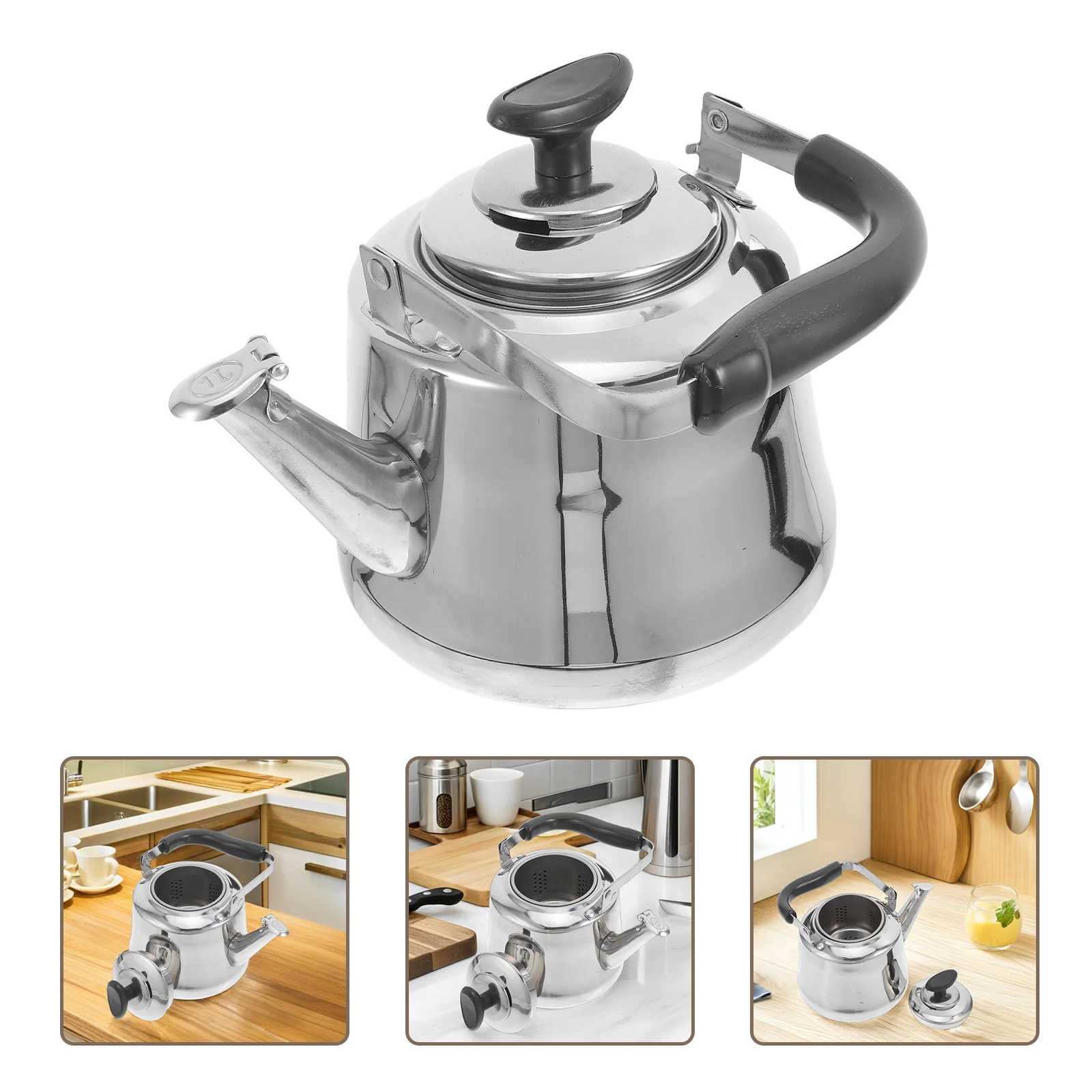 

Stainless Steel Whistle Tea Kettle Sounding Buzzing Filter Silver Travel Water Boiling Portable Teapot Camping Home Use