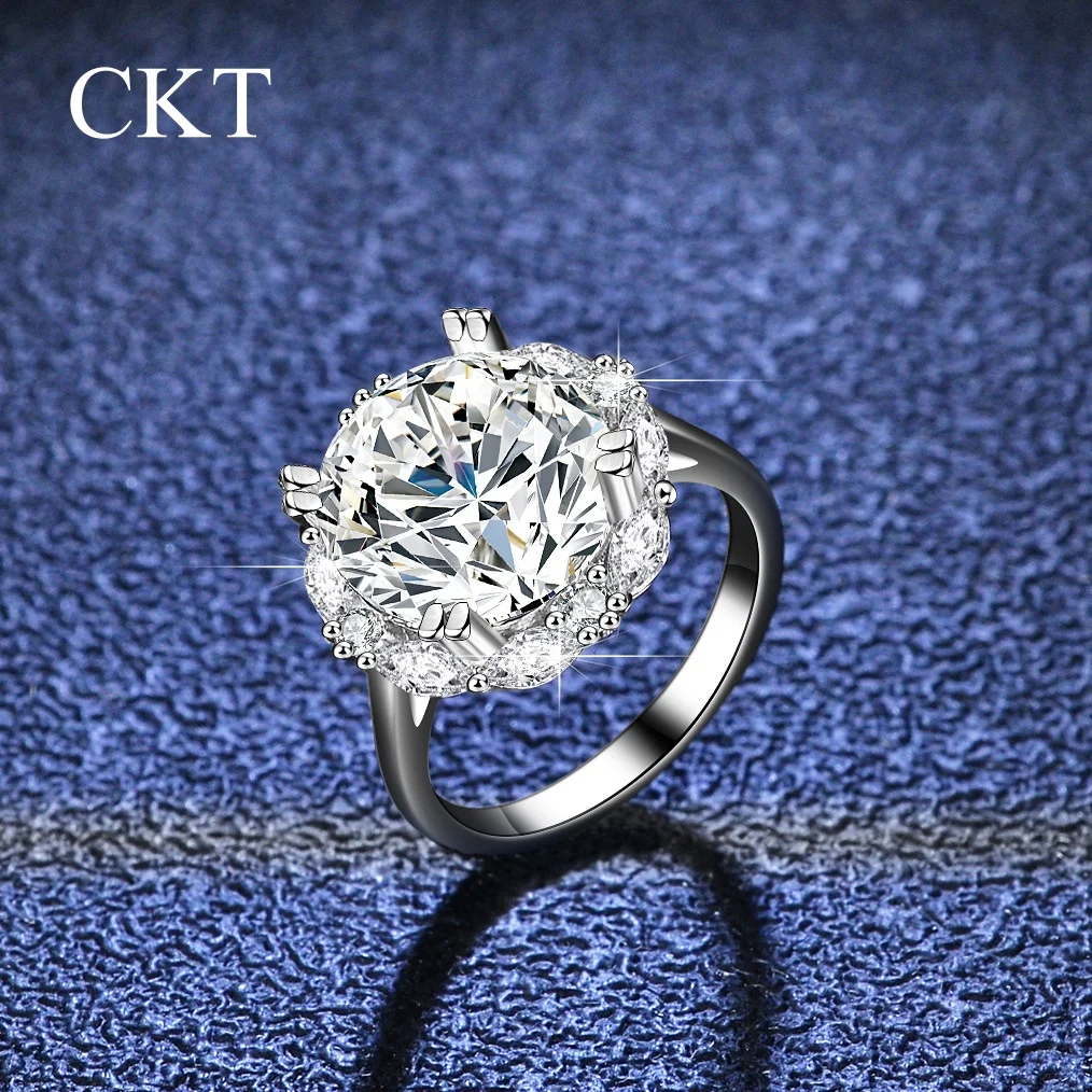 CKT Real 18k White Gold Classic Four Claw Ring 5 Carat Moissanite Ring Women's Double Platinum Pt950 Dove Egg Wedding Rings