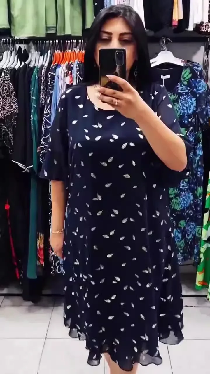 Europe And The United States Women's Elegant Temperament Large Size Chiffon Print Short-sleeved Crew-neck Patchwork Dress