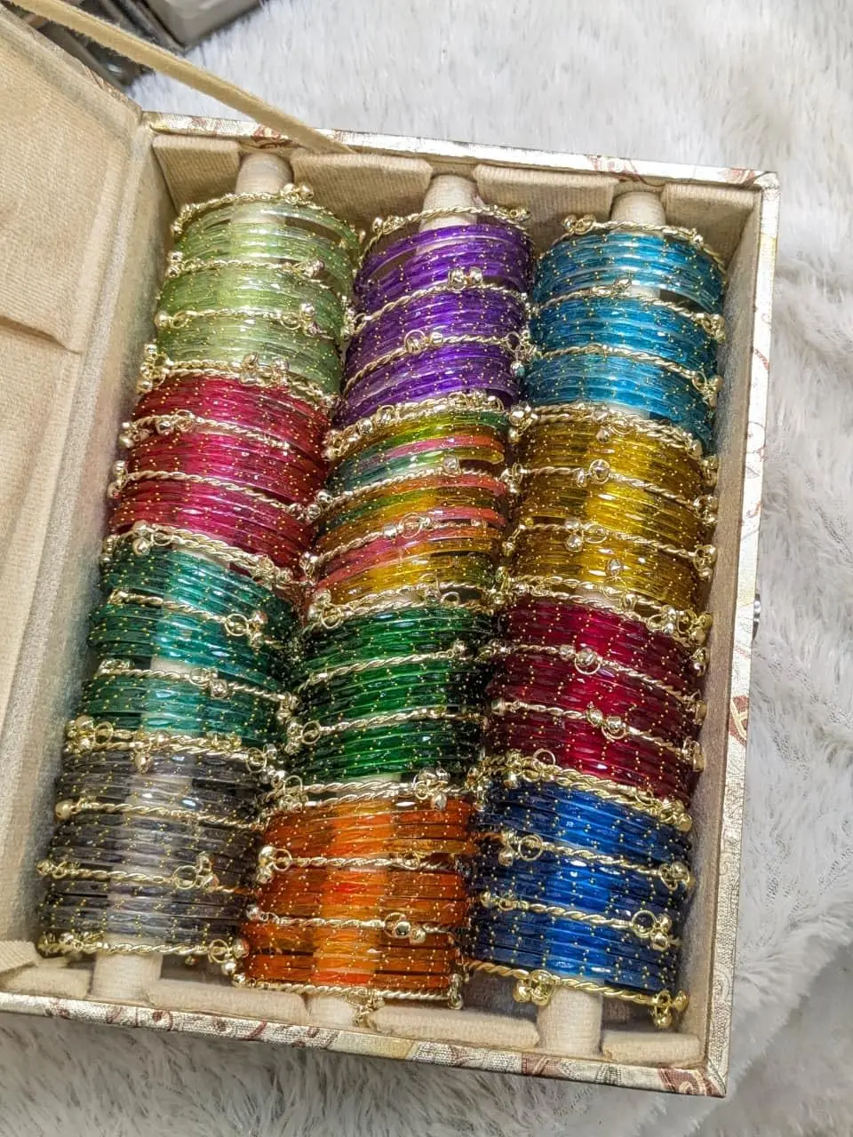 Multicolour glass bangles with ghungroo bangles combo set of 12 dozen with organiser box, bridal bangle sets, wedding gift boxes, jewellery sets festive