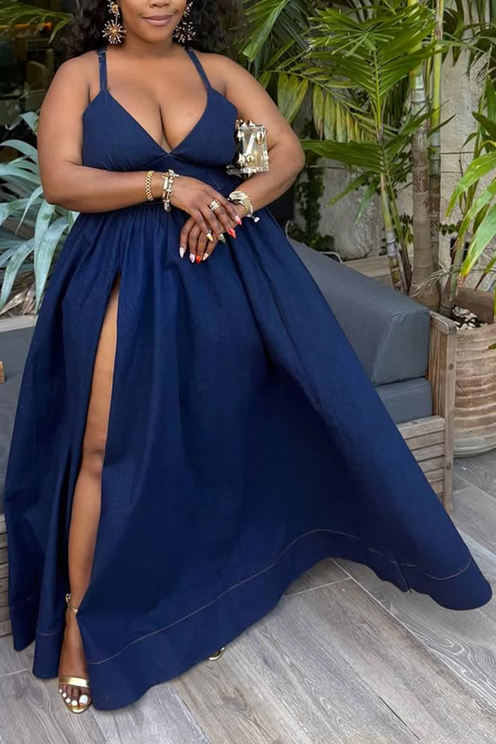 بالإضافة إلى حجم عطلة فستان الشمس الأزرق الخامس الرقبة سبليت عارية الذراعين ايوسل الدنيم فساتين ماكسي