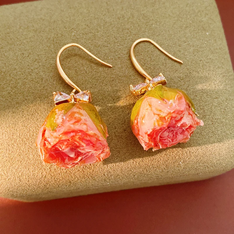 

Preserved Fresh Rose Flower Dangle Earrings Women Romantic Sweet Floral Bowknot Zircon Ear Hooks Dating Banquet Wedding Jewelry