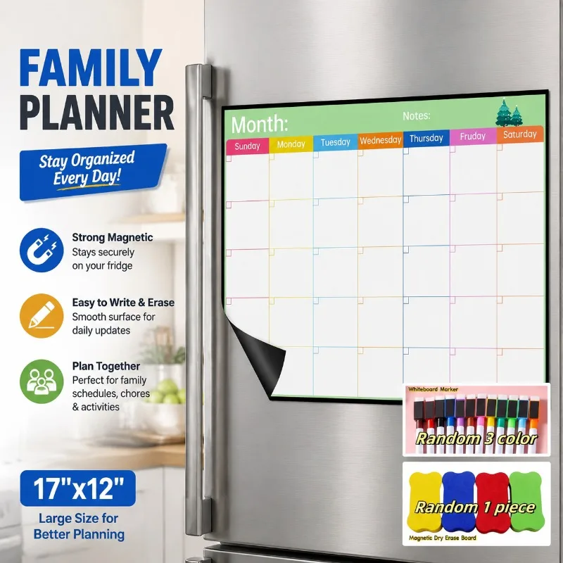 Magnetic Fridge Dry Erase Calendar, Large White Board for Refrigerator, 17x12 Inch Family Monthly Planner with Chores
