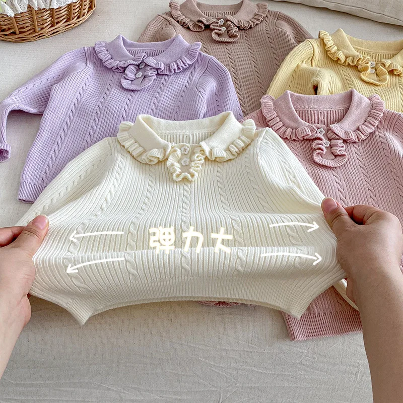 

Корейский свитер для девочек, новинка 2023 года, осенний детский стиль, однотонный вязаный топ с воротником, детская плотная зимняя одежда